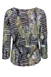 Current Boutique-Alberto Makali - Green, White & Black Printed Crinkled Blouse w/ Sequins Sz L