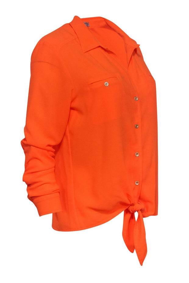 Current Boutique-Alberto Makali - Neon Orange Long Sleeve Button-Up Blouse w/ Tie Sz M