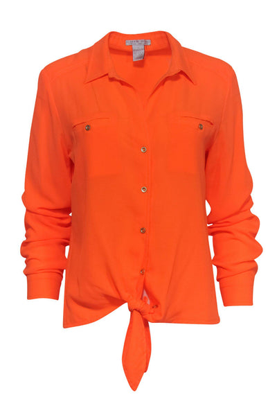 Current Boutique-Alberto Makali - Neon Orange Long Sleeve Button-Up Blouse w/ Tie Sz M