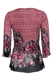 Current Boutique-Alberto Makali - Red, Black & White Printed Ruched Blouse w/ Crochet Trim Sz S