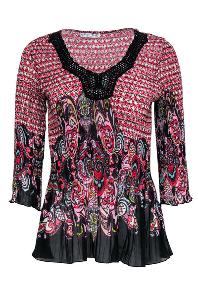 Current Boutique-Alberto Makali - Red, Black & White Printed Ruched Blouse w/ Crochet Trim Sz S