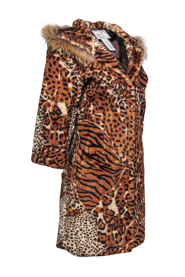 Current Boutique-Alberto Makali - Tan Animal Print Rabbit Fur Longline Hooded Coat Sz S