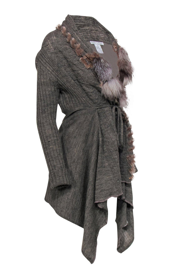 Current Boutique-Alberto Makali - Taupe Knit Open Tied Cardigan w/ Fur Trim Sz S