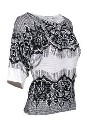 Current Boutique-Alberto Makali - White & Black Lace Print Beaded Ribbed Top Sz PS