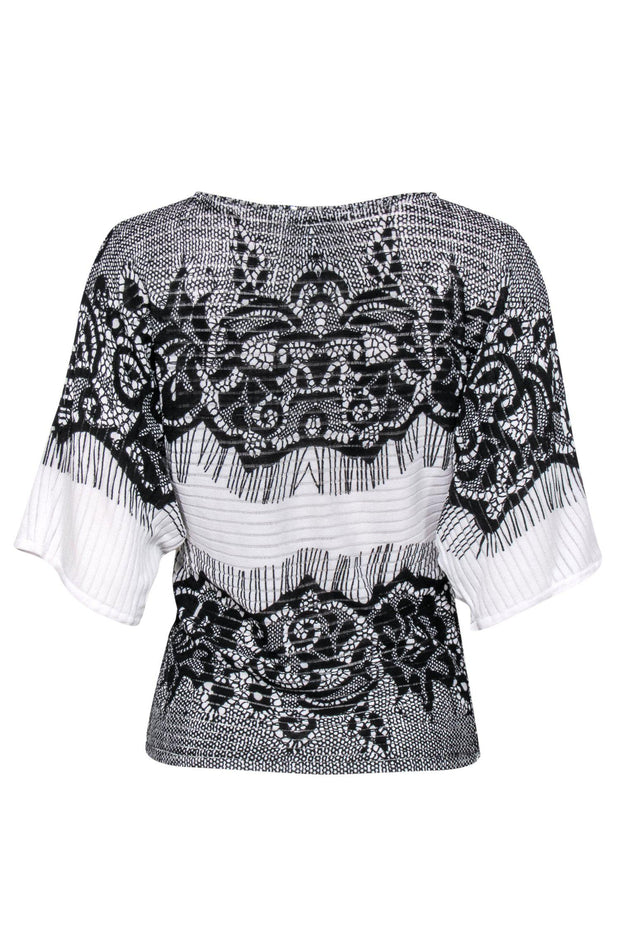 Current Boutique-Alberto Makali - White & Black Lace Print Beaded Ribbed Top Sz PS