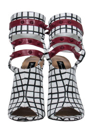 Current Boutique-Alejandra G. - White & Black Grid Print Caged "Fiona" Stilettos w/ Maroon Spiked Trim Sz 6