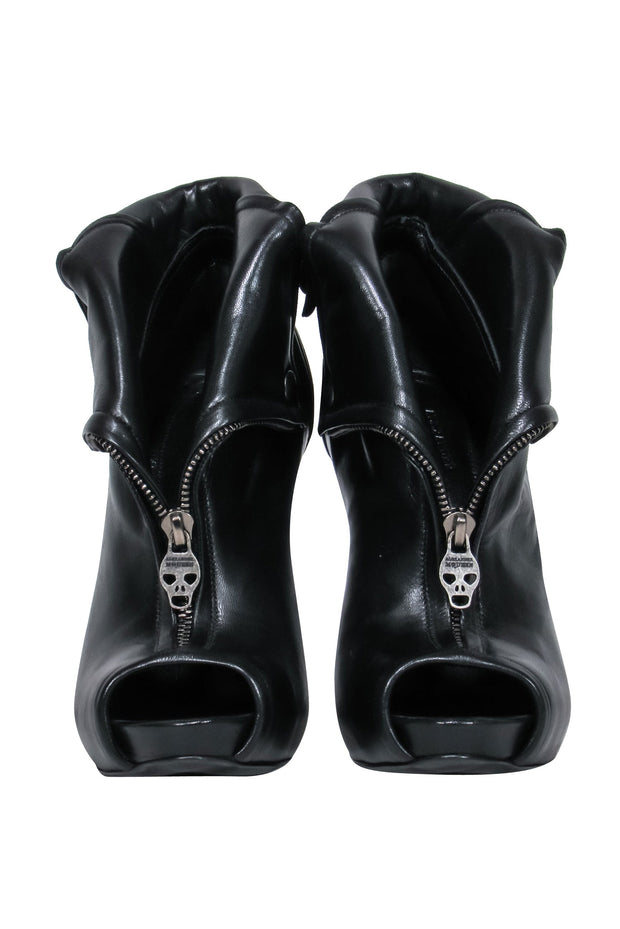 Current Boutique-Alexander McQueen - Black Leather Peep Toe Stiletto Booties w/ Skull Zipper Sz 8.5