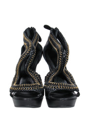 Current Boutique-Alexander McQueen - Black Leather Platform Stilettos w/ Braided Gold Chain Trim Sz 8.5