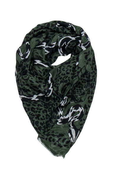 Current Boutique-Alexander McQueen - Dark Green Leopard & Snake Printed Scarf w/ Frayed Edges