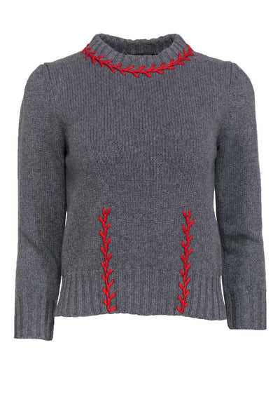 Current Boutique-Alexander McQueen - Grey Crewneck Cashmere Sweater w/ Red Stitching Sz S