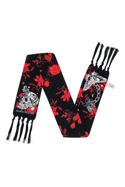 Current Boutique-Alexander McQueen - Red & Black Silk Moth & Skull Tassel Scarf