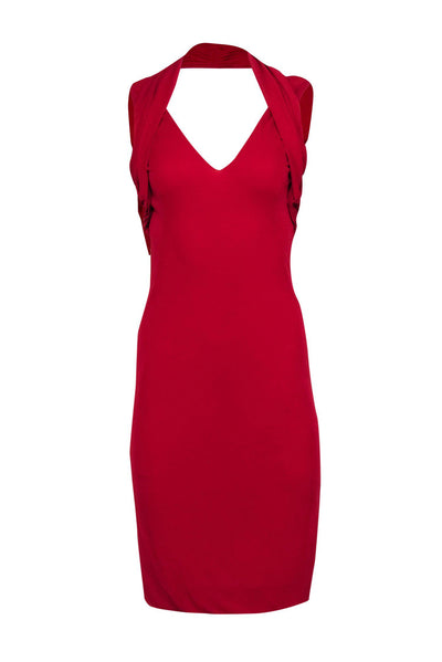 Current Boutique-Alexander McQueen - Red Draped Midi Sheath Dress Sz 8