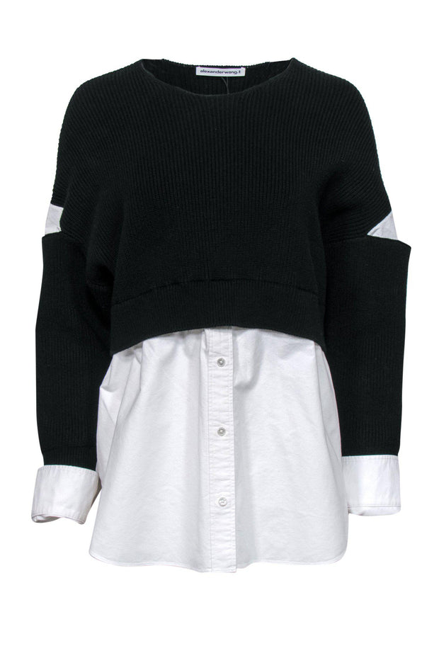 Current Boutique-Alexander Wang - Black Cropped Ribbed Sweater w/ Attached White Blouse Sz M