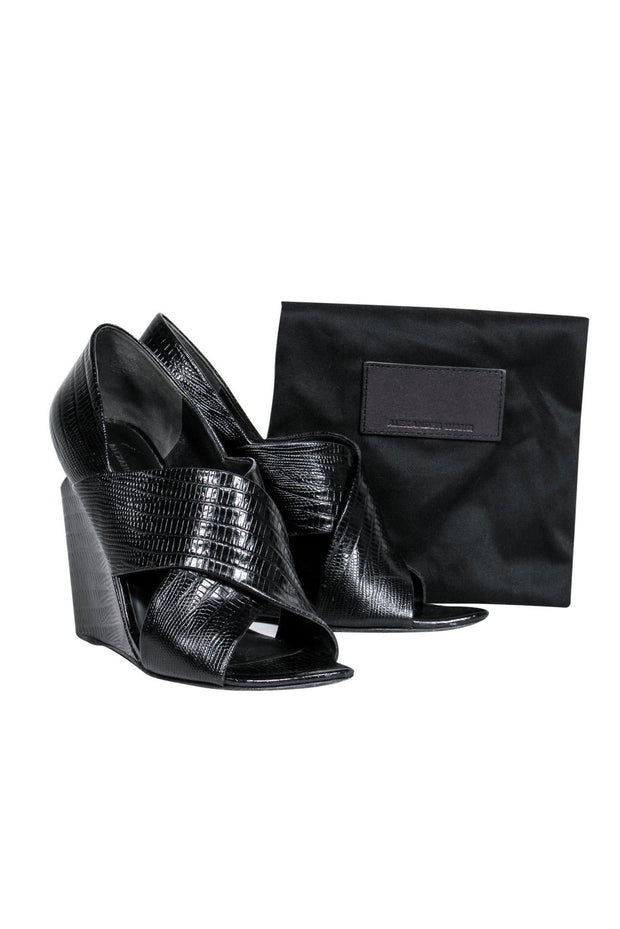 Current Boutique-Alexander Wang - Black Reptile Embossed Wedges w/ Heel Cutout Sz 6.5