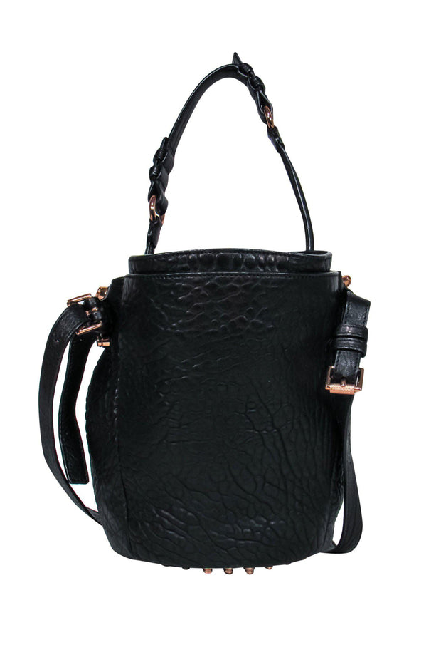 Current Boutique-Alexander Wang - Black Textured Leather “Diego” Bucket Bag w/ Rose Gold Studs