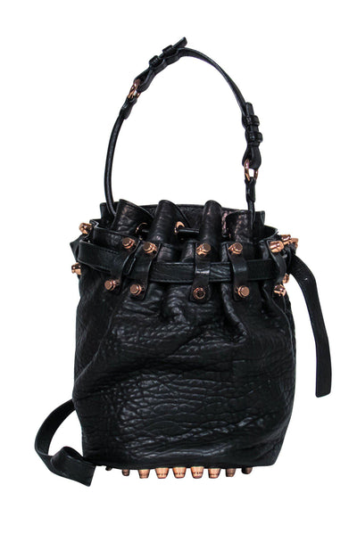 Current Boutique-Alexander Wang - Black Textured Leather “Diego” Bucket Bag w/ Rose Gold Studs