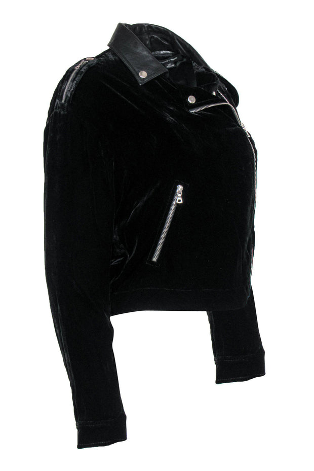 Current Boutique-Alexander Wang - Black Velvet Zip-Up Moto-Style Jacket w/ Leather Collar Sz 2
