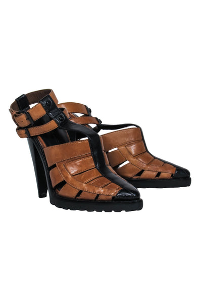 Current Boutique-Alexander Wang - Brown & Black Woven Leather Pointed Toe Heeled Sandals Sz 7