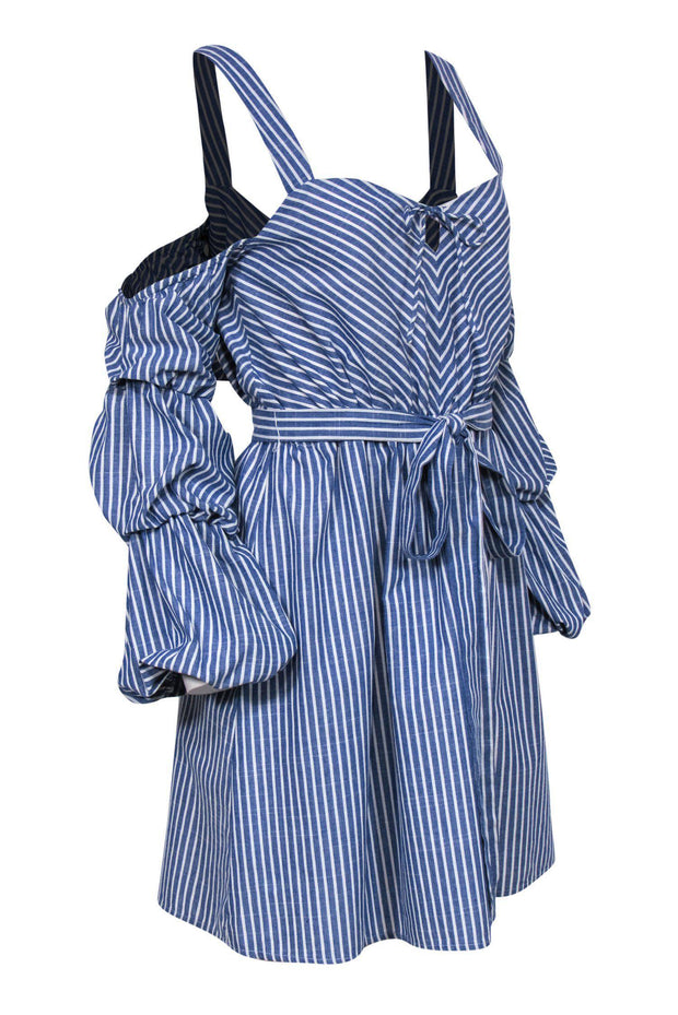 Current Boutique-Alexia Admor - Blue & White Striped Belted Cold Shoulder Dress w/ Ruched Sleeves Sz M