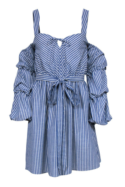 Current Boutique-Alexia Admor - Blue & White Striped Belted Cold Shoulder Dress w/ Ruched Sleeves Sz M
