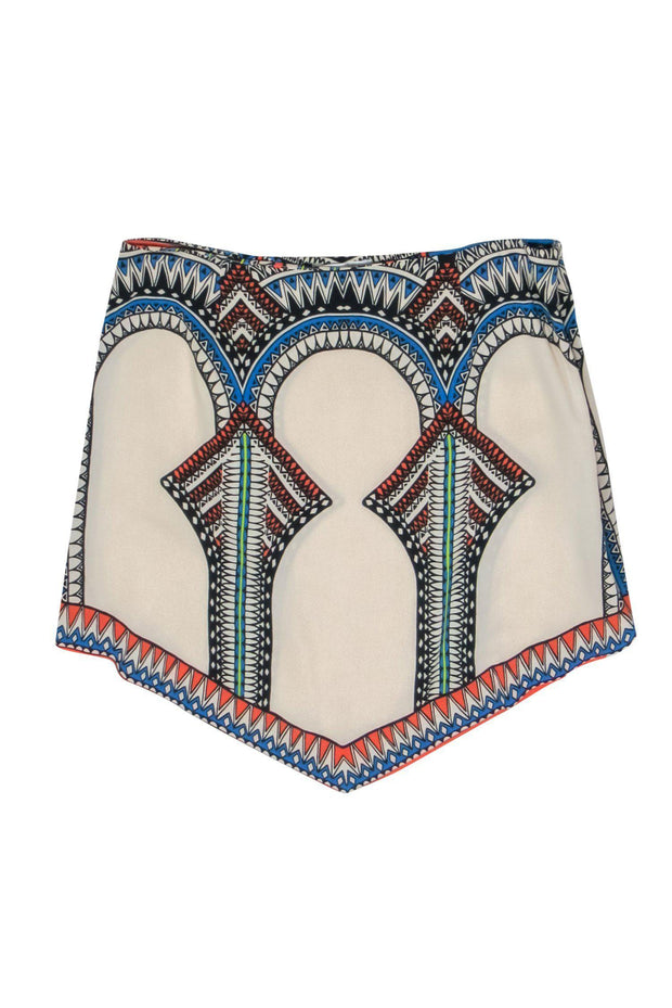 Current Boutique-Alexis - Beige, Orange & Blue Tribal Print Scarf Hem Miniskirt S M
