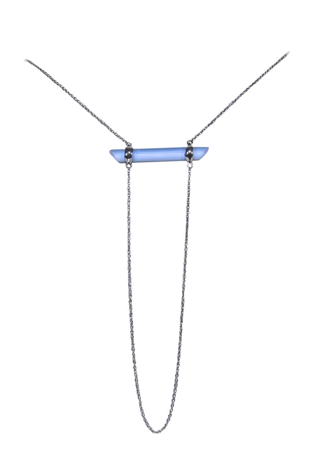 Current Boutique-Alexis Bittar - Long Silver Chain Necklace w/ Textured Light Blue Bar