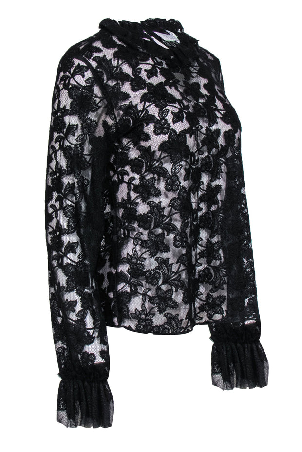 Current Boutique-Alexis - Black Floral Lace Blouse w/ Long Sleeves & Ruffle Neckline Sz S