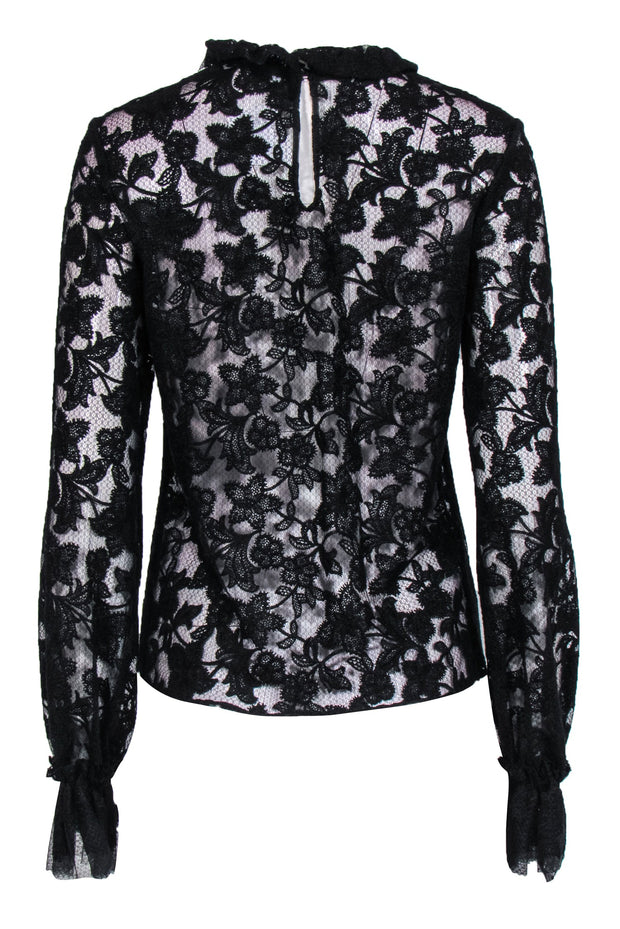 Current Boutique-Alexis - Black Floral Lace Blouse w/ Long Sleeves & Ruffle Neckline Sz S