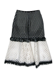 Current Boutique-Alexis - Black & White Colorblocked Eyelet A-Line Skirt w/ Fringe Sz XS
