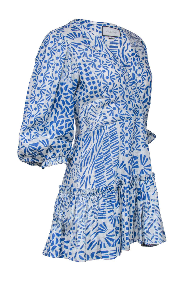 Current Boutique-Alexis - Blue & White Print Wrap Bodice Dress Sz S
