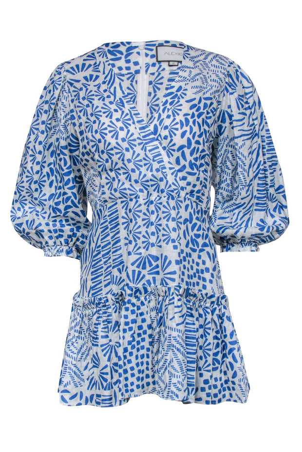 Current Boutique-Alexis - Blue & White Print Wrap Bodice Dress Sz S