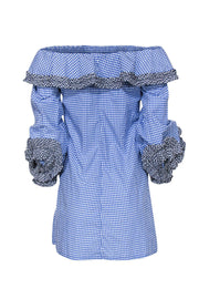Current Boutique-Alexis - Light Blue & Navy Gingham Printed Off-the-Shoulder Dress Sz S