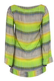 Current Boutique-Alexis - Neon Green, Grey & Yellow Print Bell Sleeve Tunic Sz S