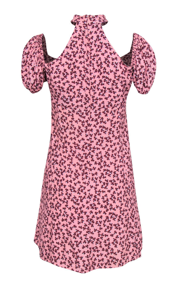 Current Boutique-Alexis - Pink, Maroon, & Blue Clover Print Puff Sleeve Mini Dress w/ Front Cutout Sz S