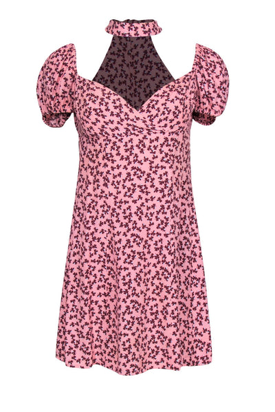 Current Boutique-Alexis - Pink, Maroon, & Blue Clover Print Puff Sleeve Mini Dress w/ Front Cutout Sz S