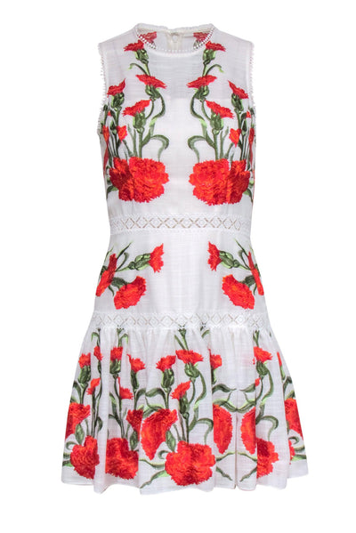 Current Boutique-Alexis - White, Red & Green Floral Embroidered Drop Waist Dress w/ Lace Trim Sz M