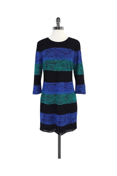 Current Boutique-Ali Ro - Black, Blue & Teal Striped Lace Dress Sz 6