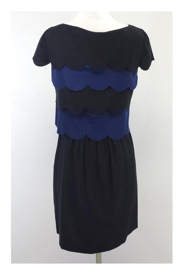 Current Boutique-Ali Ro - Black & Midnight Blue Scallop Trim Silk Dress Sz 8