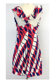 Current Boutique-Ali Ro - Pink & Navy Print Silk Cascading Ruffle Dress Sz 2
