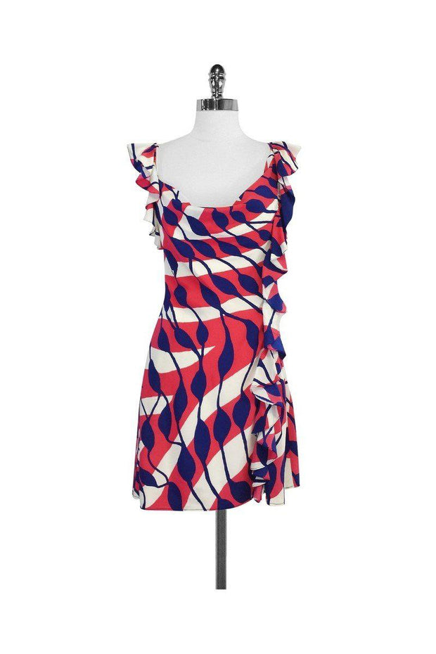 Current Boutique-Ali Ro - Pink & Navy Print Silk Cascading Ruffle Dress Sz 2