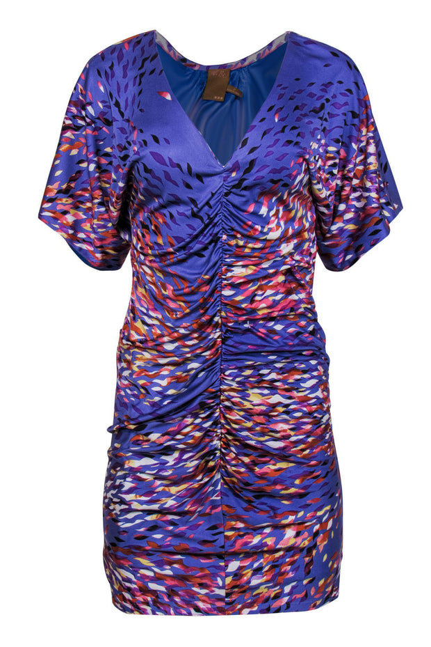 Current Boutique-Ali Ro - Purple & Multicolored Abstract Print Silk Short Sleeve Ruched Dress Sz 2