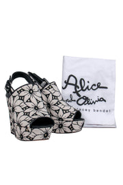 Current Boutique-Alice & Olivia - Beige & Black Floral Embroidered Chunky Slingback Heels Sz 6