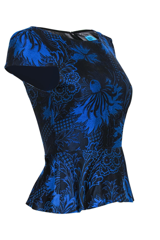 Current Boutique-Alice & Olivia - Black & Blue Floral Brocade Print Peplum Blouse w/ Sheer Back Sz XS