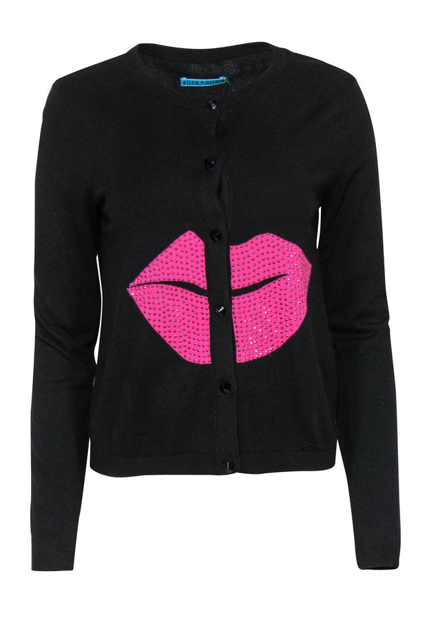 Current Boutique-Alice & Olivia - Black Button-Up Cardigan w/ Embellished Lip Graphic Sz M