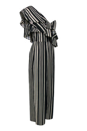 Current Boutique-Alice & Olivia - Black & Cream Striped Ruffled One-Shoulder Wide Leg Jumpsuit Sz 10