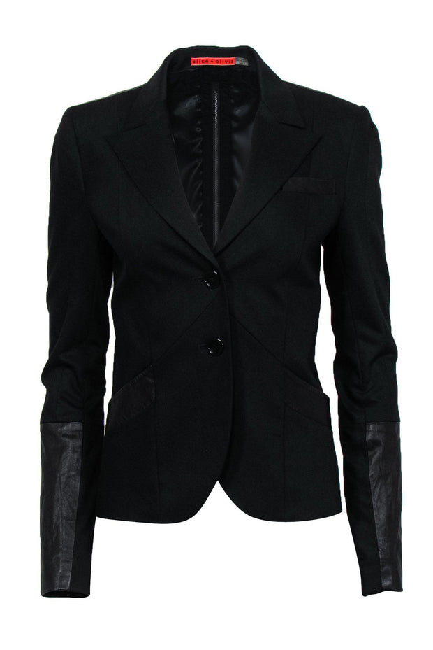 Current Boutique-Alice & Olivia - Black Double-Button Blazer w/ Leather Trim Sz S