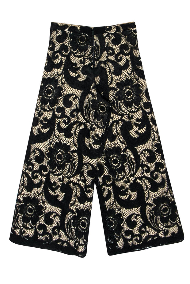 Current Boutique-Alice & Olivia - Black Floral Lace Wide Leg Trousers w/ Nude Underlay Sz 6