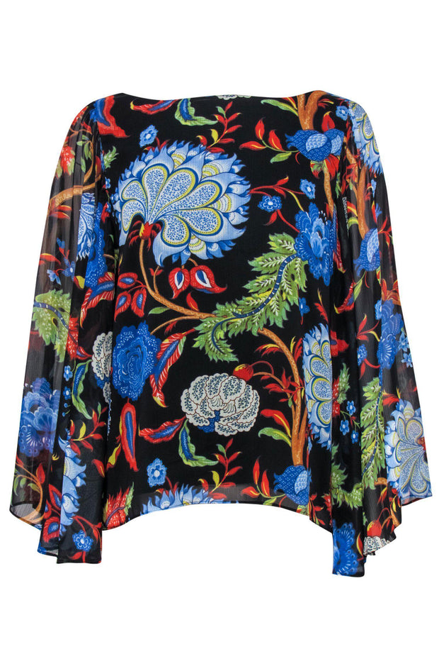 Current Boutique-Alice & Olivia - Black Floral Printed Blouse w/ Bell Sleeves Sz L