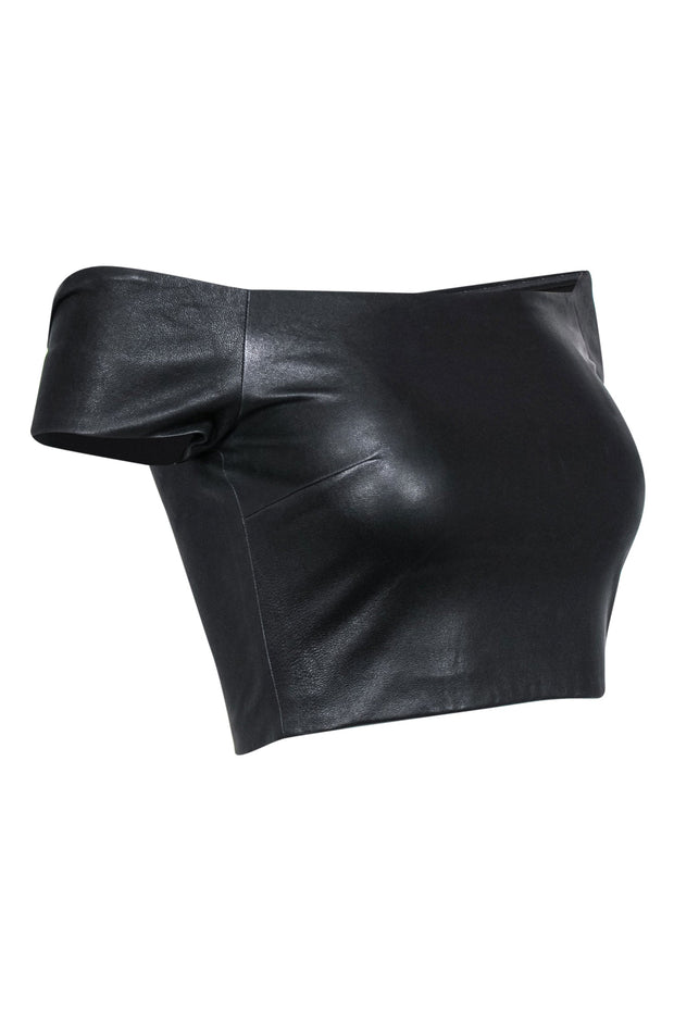 Current Boutique-Alice & Olivia - Black Leather Cropped Off-the-Shoulder Top Sz 0