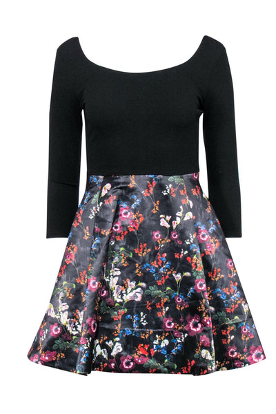 Current Boutique-Alice & Olivia - Black Long Sleeve Fit & Flare Dress w/ Floral Print Skirt Sz 4
